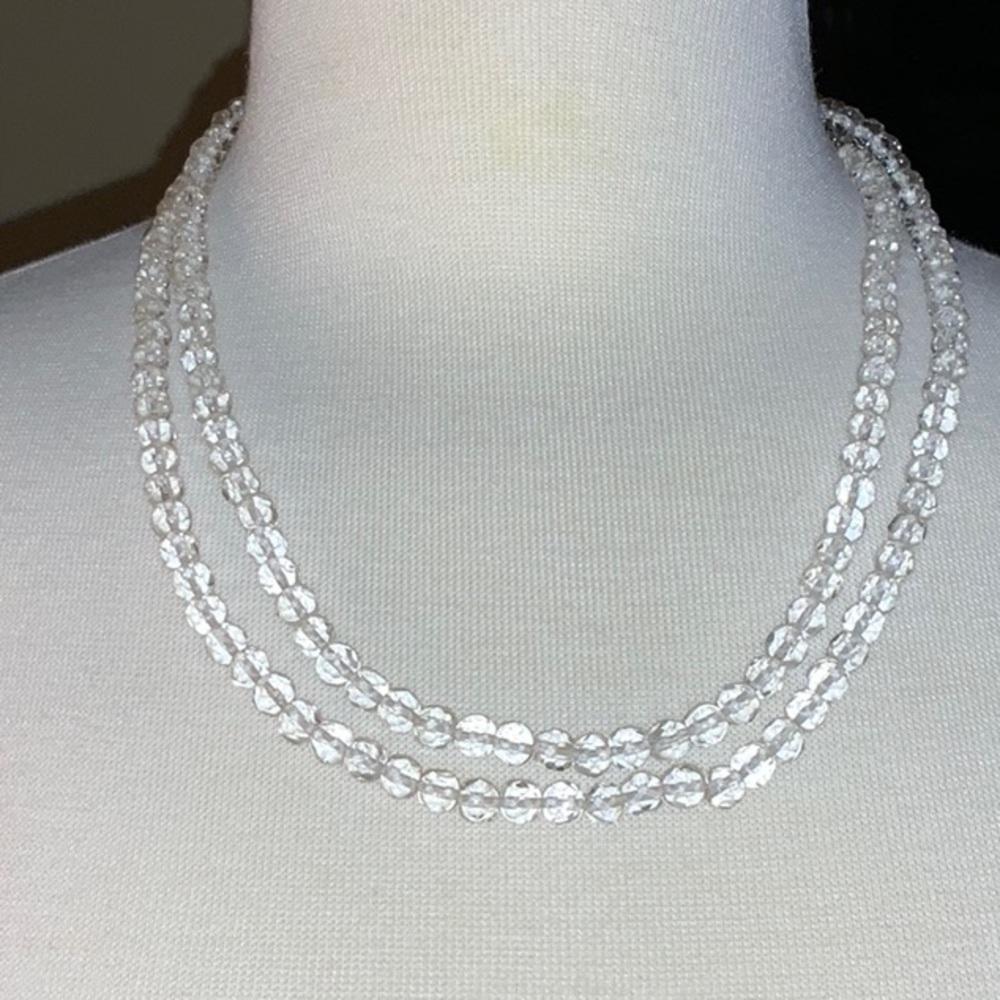 Clear Sparkly Beads Strung On White Cord With Silver-Tone Clasp